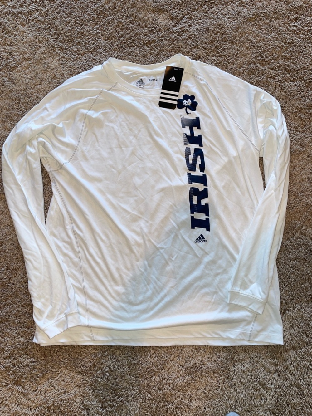 NWT Adidas Men’s WhiteNotre Dame  Long-Sleeve 'Irish' Performance Shirt size XL
